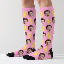 1 Pair Customized Face Socks, Customized Photo Socks, Customized Printed Socks, Print Any Face On Socks, High-Quality Men's Socks Suitable For Anniversary Gifts, Halloween, Christmas, Unique Gifts For Brides, Gifts For Boyfriends, Couples Dollar Pattern Printed Socks, Women's Knee-High Socks, New Thick Long Socks For Autumn/Winter, Calf Socks