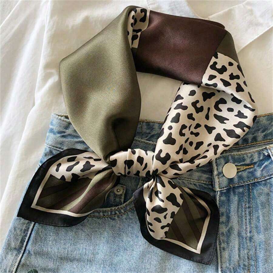 1pc Women's 70cm Faux Silk Printed Square Scarf, Fashion Minimalist Bandana Style Neckerchief, Versatile Headband, Lightweight Satin-Feel Accessory, Ideal For Business Meetings, Casual Travel, Festivals, Parties, And Chic Everyday Wear - Xanh đậm - Xem 1
