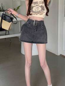 Women's Casual Washed Denim Skirt Pants With Belt, Summer