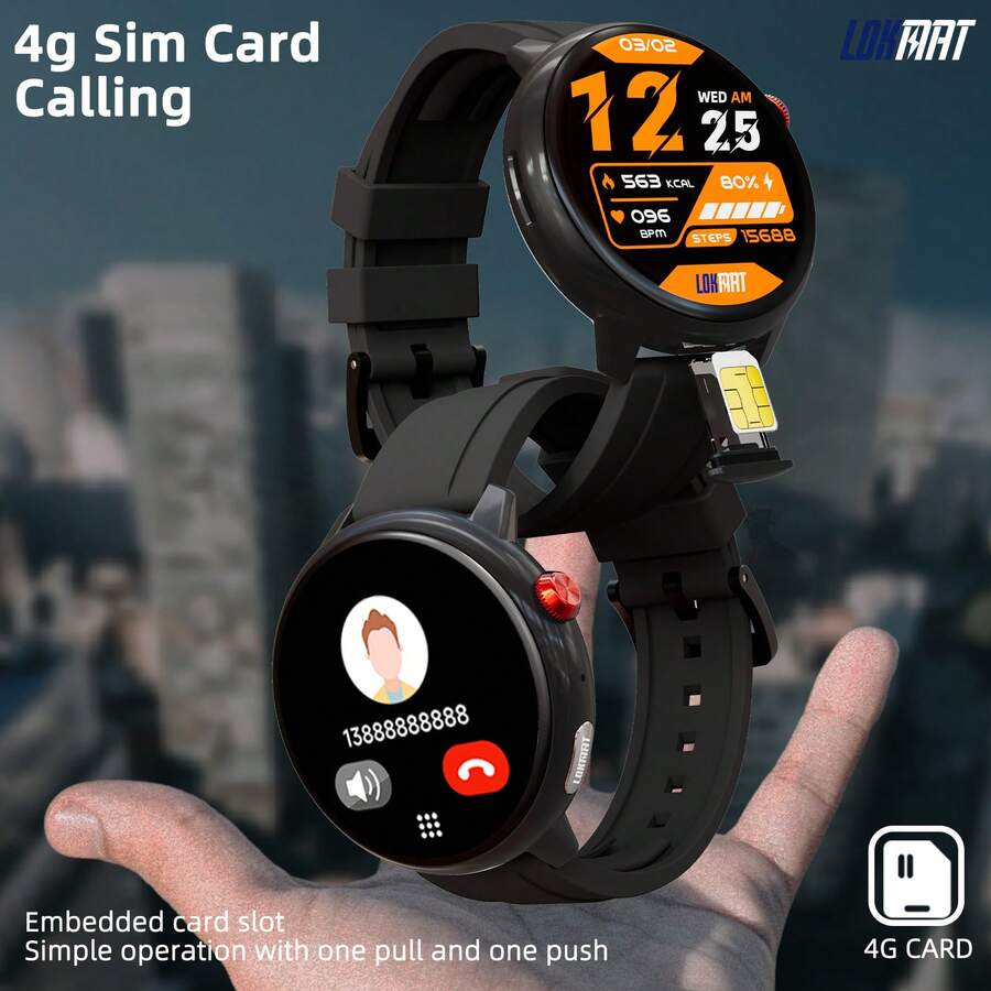 LOKMAT SKY GT 4G 智能手表，配备 1.43 英寸 AMOLED 屏幕，支持 2G/3G/4G/5G/SIM 卡、心率、血氧、睡眠、健康功能检测、GPS 运动追踪器，兼容 Android 和 IOS