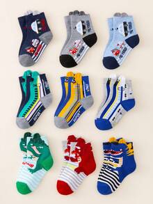 3/6/9 Pairs Baby/Toddler Socks, Car/Dinosaur/Cartoon Pattern Decor, Classic Minimalist Design, Breathable Comfortable Soft Skin-Friendly Fashion Versatile Socks, Suitable For Daily Life, Holidays, Back To School, Outdoor Play, Casual Wear, Random Color & Style