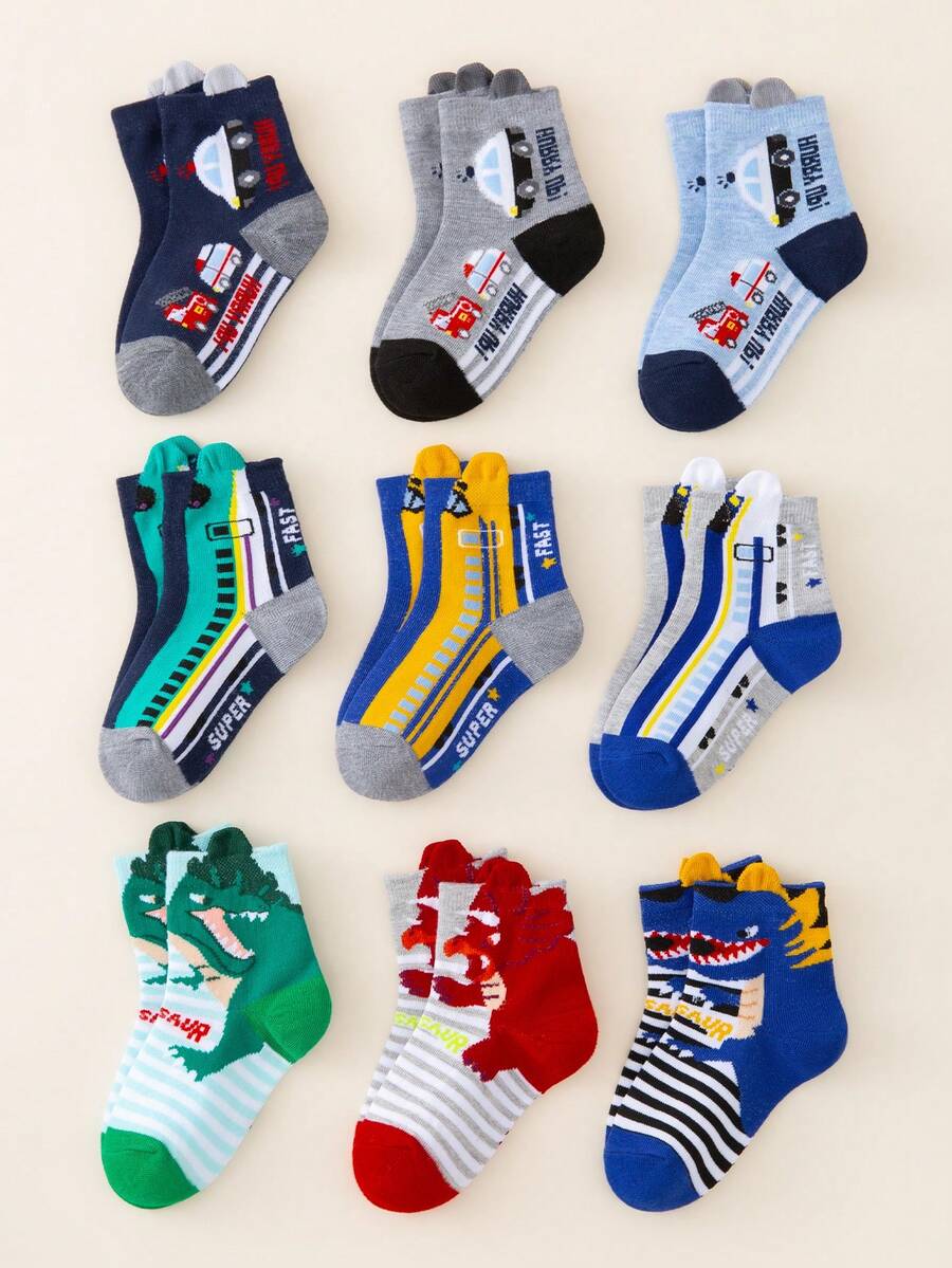 3/6/9 Pairs Baby/Toddler Socks, Car/Dinosaur/Cartoon Pattern Decor, Classic Minimalist Design, Breathable Comfortable Soft Skin-Friendly Fashion Versatile Socks, Suitable For Daily Life, Holidays, Back To School, Outdoor Play, Casual Wear, Random Color & Style