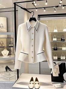 Cárdigan de punto elegante para mujer con cuello, botones delanteros y bolsillos, de manga larga y longitud regular con elasticidad media