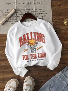 Sudadera con capucha de cuello redondo con estampado gráfico de letra de baloncesto casual de calle para niño preadolescente