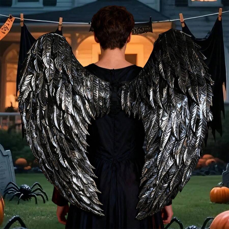 Halloween Black Feather Angel Wings Fantasy Cosplay Wings Costume For Adults Kids Festival Party - màu đen - Xem 1