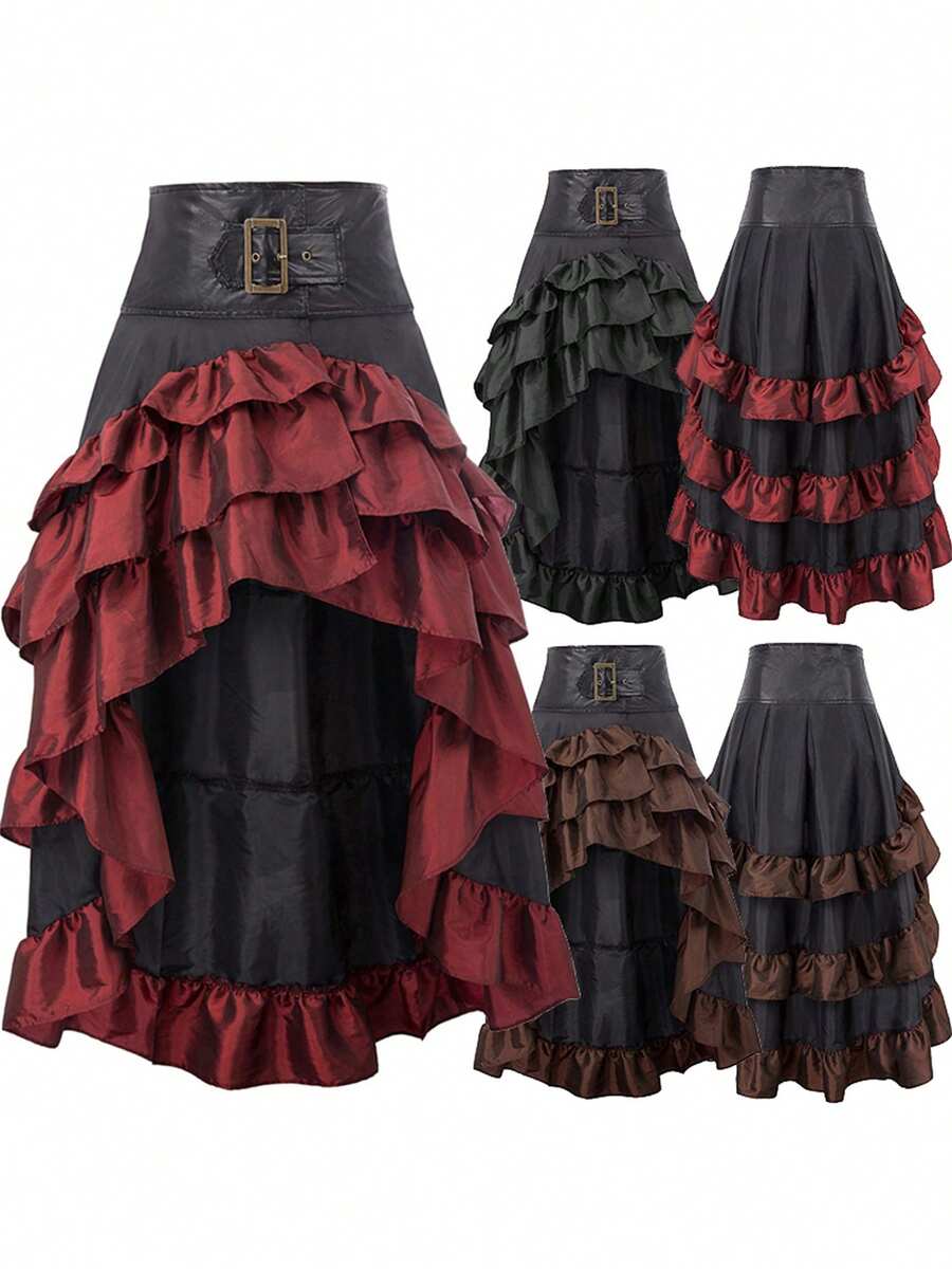 Women Steampunk Skirt Tiered Ruffle Hem High Low Skirt Victorian Medieval Clothes Halloween Gothic Costume - màu nâu - Xem 1