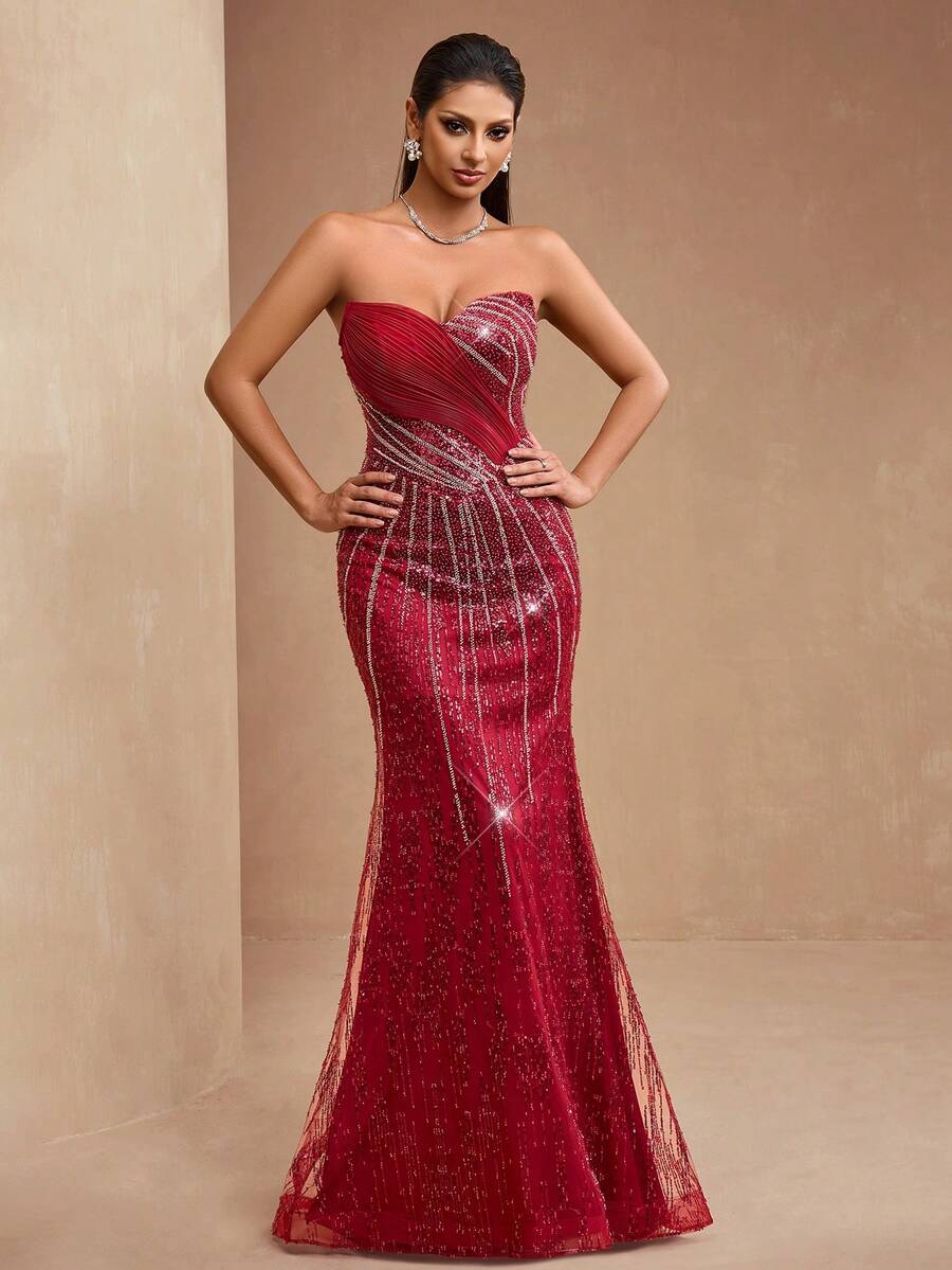 Elisanya AMILUCK New Luxury High-End Sequin & Beaded Lace Patchwork Bust Boned Mesh Ruffle Decor Sweetheart Mermaid Tail Dress