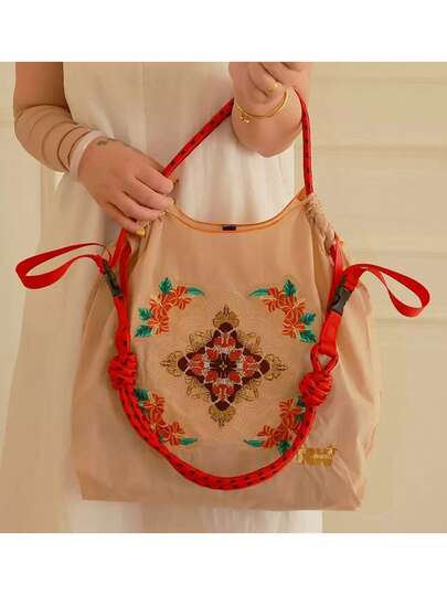 1pc New Fashion Embroidered Hibiscus Pattern Nylon Foldable Large Capacity Tote Bag, Adjustable Shoulder Strap, Suitable For Commuting, Shopping, Party