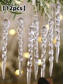 12 件圣诞树装饰水晶吊坠饰品 - 悬挂式亚克力雪花和冰柱饰品，带吊坠树新年派对装饰用品， - 彩色 - 查看 2