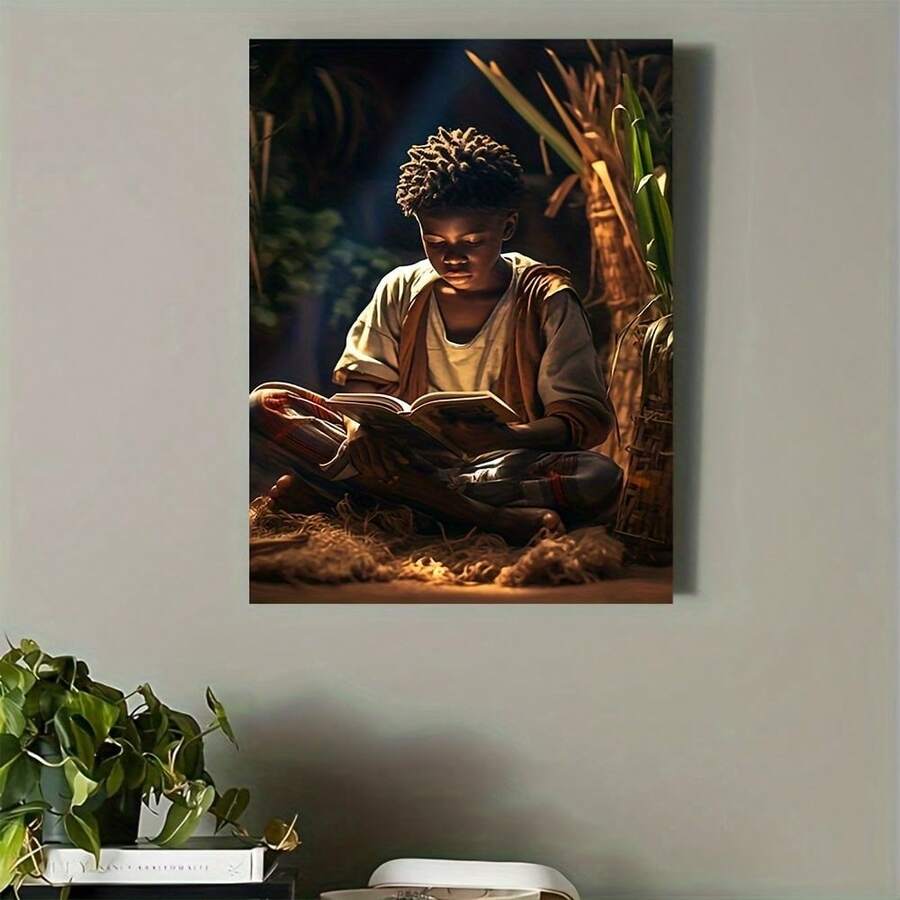 1 pieza Obra de arte en lienzo de poliéster con marco dorado elegante, Estudiante africano leyendo de noche, decoración multiusos para sala de estar, dormitorio, oficina, baño, regalo ideal para maestros y amigos, 11.8x15.7 pulgadas/30x40cm