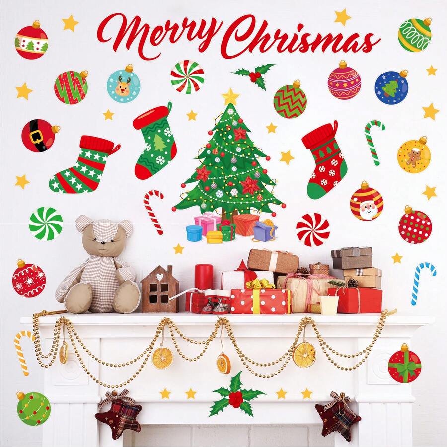Christmas Tree, Candy, Gift Wall Stickers, Self-Adhesive Holiday Party Room Wall Decor, Reversible Transparent Window Stickers For Shops, Malls, Displays