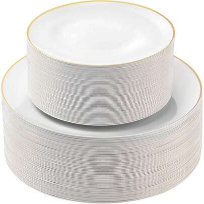 5/10/20/25/50 طبق أبيض بحافة ذهبية، أطباق كبيرة بقطر 10.25 بوصة وأطباق صغيرة بقطر 7.5 بوصة، أدوات مائدة فاخرة عالية الجودة، مثالية لتجمعات العائلة وحفلات عيد الميلاد والأحداث الخارجية وحفلات العطلات والزفاف، مناسبة لمناسبات متعددة