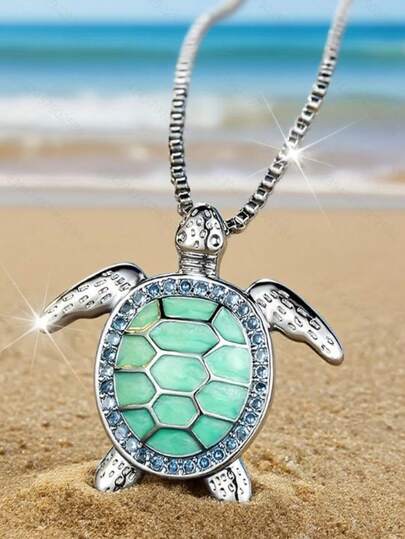 1PC Bohemia Cute Turtle Pendant Necklace For Women Inlay Imitation Turquoise Necklace Wedding Party Jewelry Christmas Gifts For Her