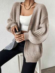 Plus Size Long Sleeve Thigh Length Knitwear Cardigan, Cozy And Stylish With Slight Stretch For Comfortable Wear