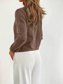 Chaqueta de punto tipo cárdigan de cuello redondo minimalista de un solo botonadura y color liso, nueva colección de otoño - Marrón - Ver 2