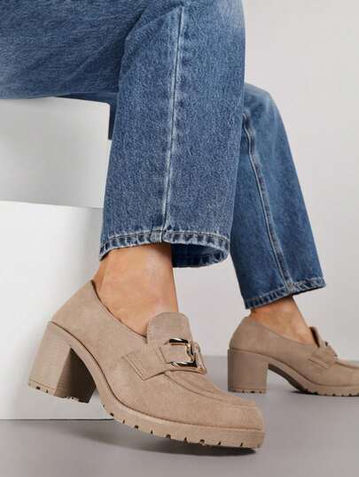 Soft Suede Loafers With Buckle Detail - Women's Casual Work Shoes