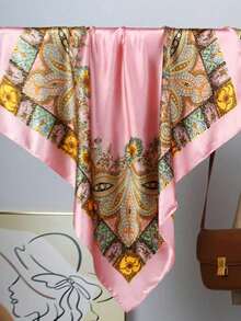 1pc Minimalist Printed Satin Square Scarf, New Spring Fashion Headscarf Women, Can Be Used As Waistband, Bag Decoration, Ribbon, Headband Or Scarf, Choice To Enhance Your Overall Look - 粉色 - 查看 5