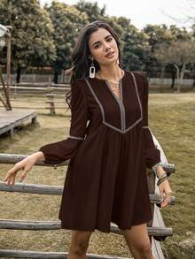 Rusttydustty 女士黑色V领长袖轻薄连衣裙，充满异域风情，适合度假、音乐节等场合 - 棕色 - 查看 6