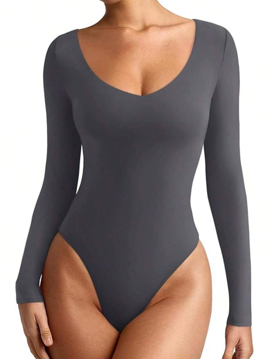 V Neck Long Sleeve Bodysuit - Comfy Double Lined Basic Top - Dark Grey - View 1
