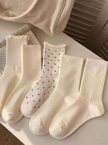 4 Pares de Meias Cano Médio Femininas, Bolinhas Fofas e Babados, Meias Confortáveis para Uso Casual Diário e Passeios, Todas as Estações