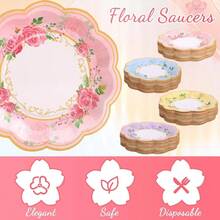 120 Pcs Floral Paper Tea Cups And Saucers 9 Oz Disposable Teacups Bulk With Handle 4 Styles Flower Tea Party Decorations Birthday Wedding Garden Party Shower Serve 60 Guests - 標準 - 查看 5