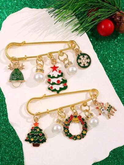 1 pieza Broche de Navidad con corona de metal blanco con perla, gota de aceite verde, copo de nieve, reno y árbol de Navidad, decoración de bolso, ropa, Año Nuevo y Navidad, regalo