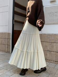 2025 Autumn/Winter New High Waist A-Line Flared Skirt, Knitted With Frill Trim, Slimming Design For Pear-Shaped Figure, Casual Umbrella Skirt - Apricot - View 5