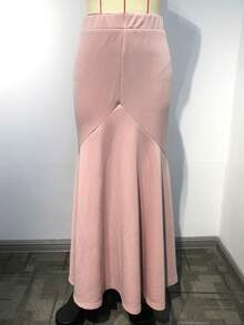 休闲拼布 A 字型中裙 - 藕粉色 - 查看 1