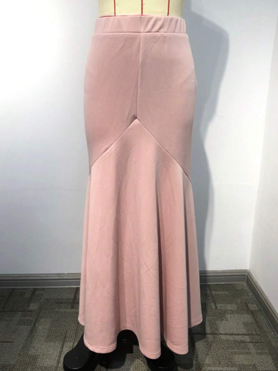 休闲拼布 A 字型中裙 - 藕粉色 - 查看 1