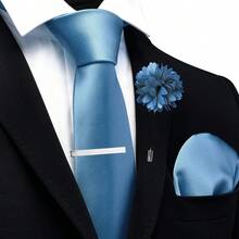Solid Formal Tie And Pocket Square Plain Necktie Lapel Pin And Set For Men - Màu xanh bụi bặm - Xem 2