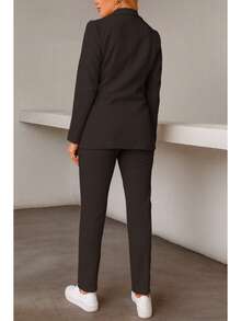 Conjunto elegante de blazer y pantalón de manga larga con cuello chal y doble botonadura para mujer, tejido elástico medio. - Negro - Ver 4
