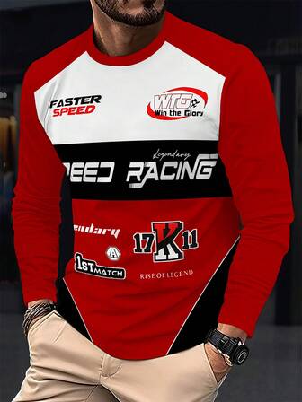 2025 Autumn Men's Novelty Printed Round Neck T-Shirt Racing Style Red, White, Black Digital Printed Long Sleeve T-Shirt