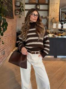 Gestreifter Strickpullover mit KontrastFarbblock, eleganter lässiger Streetstyle Rollkragenpullover für Damen mit Langarm, modischer Damen-Strickjacke mit Langarm, Herbst/Winter Material, Weiß/Rundhals Pullover/Langarm/Schulanfang/Einfarbig/Halloween/Schuloutfit//Basic/Süß/, Damen Schulanfang Mode, geeignet für Herbst/Winter Pendeln, Boho Damen Alltag Lässig, Strickpullover für den Herbst