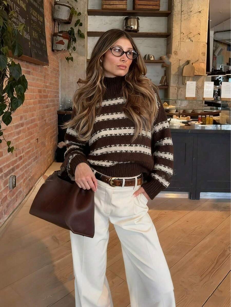 Gestreifter Strickpullover mit KontrastFarbblock, eleganter lässiger Streetstyle Rollkragenpullover für Damen mit Langarm, modischer Damen-Strickjacke mit Langarm, Herbst/Winter Material, Weiß/Rundhals Pullover/Langarm/Schulanfang/Einfarbig/Halloween/Schuloutfit//Basic/Süß/, Damen Schulanfang Mode, geeignet für Herbst/Winter Pendeln, Boho Damen Alltag Lässig, Strickpullover für den Herbst