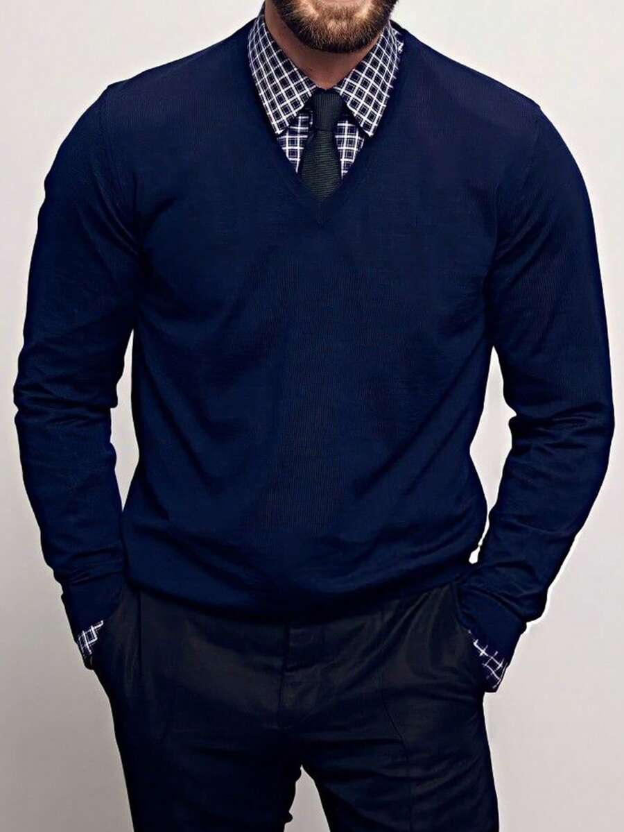 Men V-Neck Sweater, Ribbed Knit Pullover, Fall/Winter, Long Sleeve Top - Navy Blue - View 1