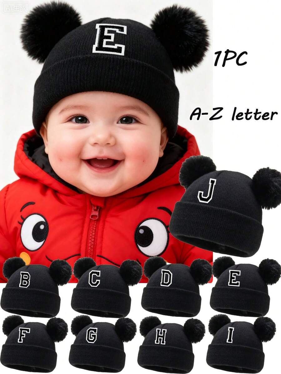 1 件装婴儿 A-Z 字母针织帽 婴儿女孩帽子 儿童无檐便帽 婴幼儿配饰 儿童帽子 弹力 0-3 岁幼儿女孩男孩帽子 - 黑色 - 查看 1