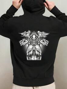 Men's Gothic Grim Reaper & Skull Print Hooded Sweatshirt - BlackWhite Gothic Lettering, Machine Washable Loose Fit Pullover, Casual Winter Warmth, Spooky Costume Party Outfit, Long Sleeve Hooded S,Fall Hoodies,Men's Fall Clothes,Street Wear,Halloween,Mens Hoodies,Y2k Clothes,Jesus Hoodie,Thanksgiving Day,Nightmare Before Christmas,Christmas - 黑色 - 查看 1