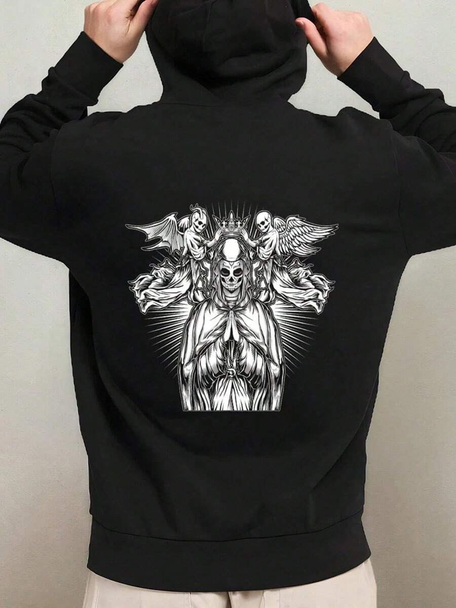 Men's Gothic Grim Reaper & Skull Print Hooded Sweatshirt - BlackWhite Gothic Lettering, Machine Washable Loose Fit Pullover, Casual Winter Warmth, Spooky Costume Party Outfit, Long Sleeve Hooded S,Fall Hoodies,Men's Fall Clothes,Street Wear,Halloween,Mens Hoodies,Y2k Clothes,Jesus Hoodie,Thanksgiving Day,Nightmare Before Christmas,Christmas - 黑色 - 查看 1