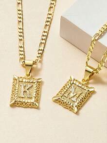 Initial Necklace Square Letter Pendant Necklace Capital Monogram Necklace Alhpabets From A-Z Figaro Chain Necklace - Vàng - Xem 4
