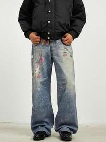 XINYINSU High Street Design amerikanischer Retro-Ketten 3D-Druck Inkjet Dreidimensionale verwaschen abgenutzt weite und bequeme Schlagjeans für Herren Halloween