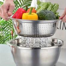 2pcs Stainless Steel Colander Strainer Bowl, Round Vegetable Washing Basin, Thickened Rice Washing Bowl, Kitchen Fruit Washing Drain Bowl,Kitchen Items For Ultimate Kitchen Efficiency With Cozy Fall& Winter Styles - Silver - View 3