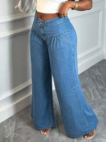 Women's Mid-Rise Solid Light Blue Non-Stretch Wide Leg Jeans - Elegant & Casual For Home Leisure - Medium Wash - View 3