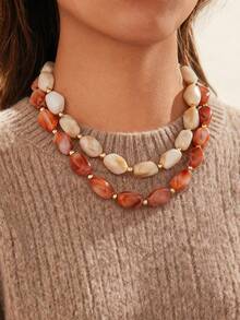 2pcs Elegant Fashionable Niche Resin Geometric Stone Beaded Necklace Set, Suitable For Autumn/Winter, Casual, Everyday Wear, Perfect Gift - Brown - View 2