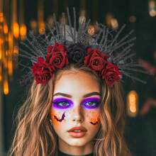 Halloween FLower Headband Day Of The Dead Rose Floral Hair Band Gothic For Women Cosplay Rave Costume Hair Accessories - 如圖 - 查看 6