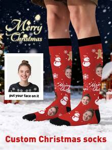 1 Pair Customized Face Socks, Customized Photo Socks, Customized Printed Socks, Print Any Face On Socks, High-Quality Men's Socks Suitable For Anniversary Gifts, Halloween, Christmas, Unique Gifts For Brides, Gifts For Boyfriends, Couples Funny Geometric Print Socks, Women's Knee-High Socks, New Thick Long Socks For Autumn/Winter, Calf Socks