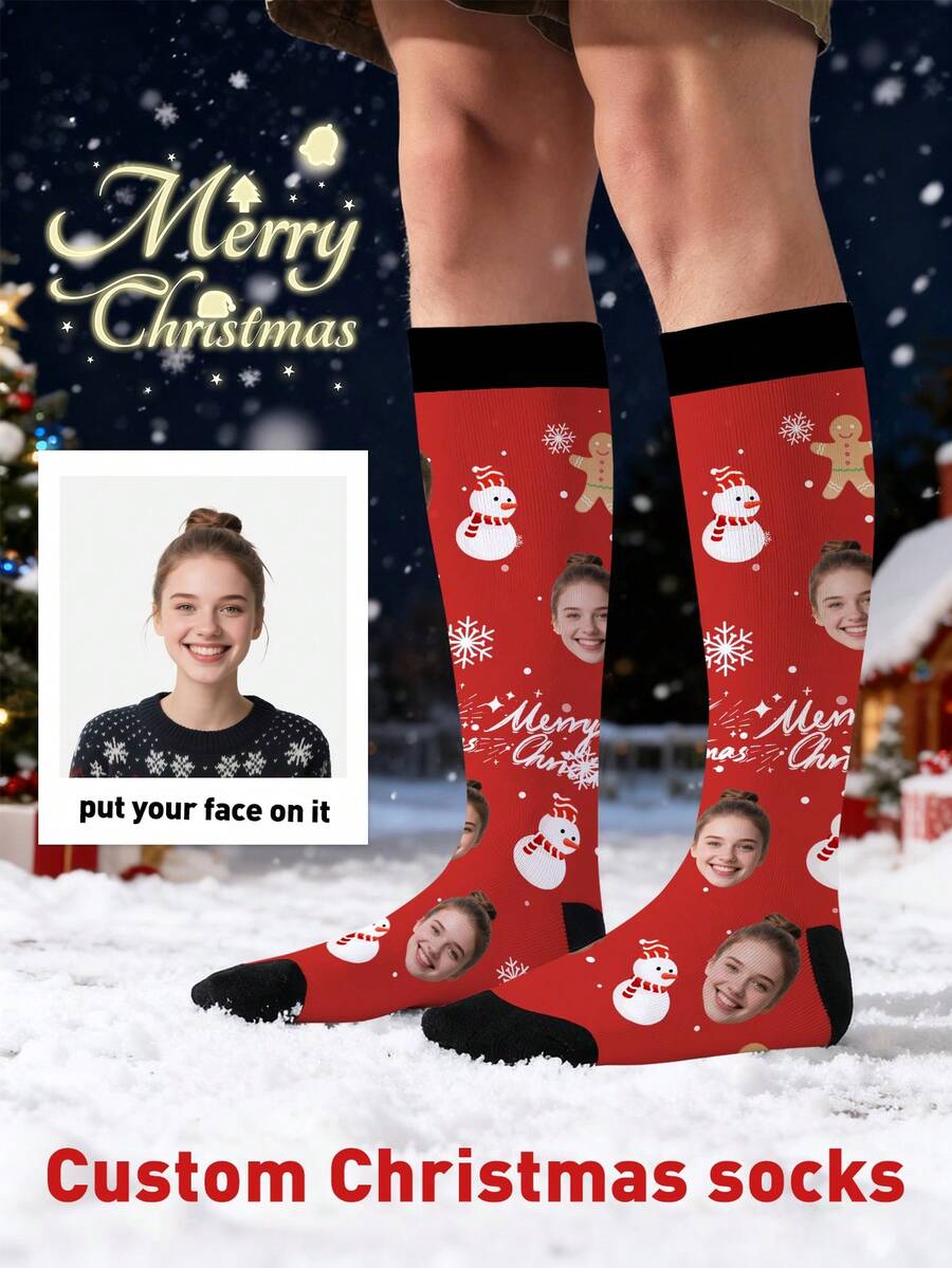 1 Pair Customized Face Socks, Customized Photo Socks, Customized Printed Socks, Print Any Face On Socks, High-Quality Men's Socks Suitable For Anniversary Gifts, Halloween, Christmas, Unique Gifts For Brides, Gifts For Boyfriends, Couples Funny Geometric Print Socks, Women's Knee-High Socks, New Thick Long Socks For Autumn/Winter, Calf Socks