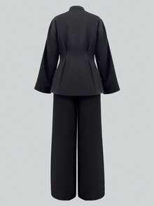 Casual Commuter Solid Color Elegant Waist Shirt & Pants Set Black Spring - Black - View 3