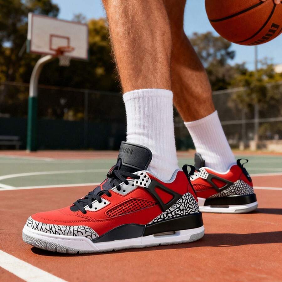 Zapatillas de baloncesto para hombres, JORDAN SPIZIKE LOW, zapatos casuales rojos y negros, transpirables y cómodos, con amortiguación de aire y absorción de impactos para baloncesto, FQ1759-600 - Negro/gris frío/gris lobo/rojo fitness - Ver 1