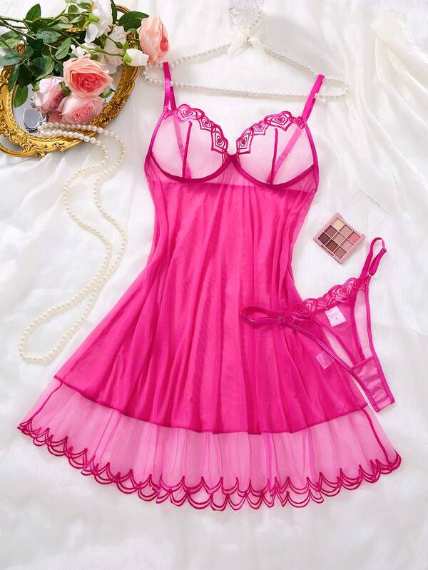 2PCS Women's Rose Red Love Embroidered Sexy Short Sleep Skirt, Translucent Sexy Cute Single Layer Strap Underwear And Love Thong, Cute Gift For Valentine's Day Christmas Carnival Night