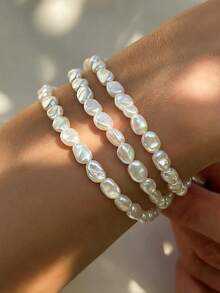 Set de 3 brățări asimetrice cu perle artificiale, stil baroc, bijuterii vintage de culoare aurie, potrivite pentru purtarea zilnică a femeilor, întâlniri, ieșiri de vară, vacanțe la plajă, petreceri, cadou de sărbători, bijuterii cadou